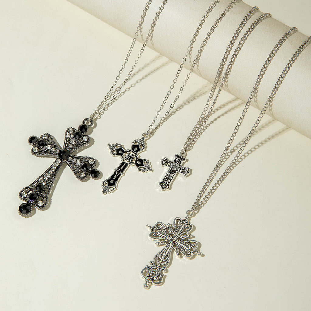 European and American Retro Hollow Diamond Cross Pendant Necklace Gothic Style Black Layered Wear Y Type Necklace