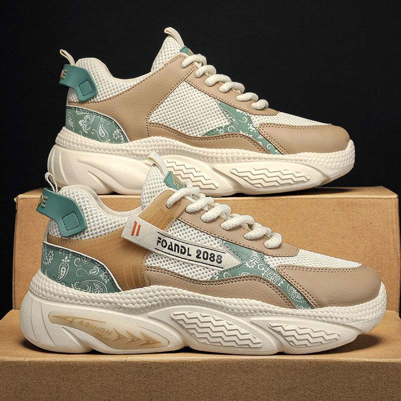 Internet Celebrity Men's Shoes Summer Mesh Breathable Versatile Sports Running Shock Absorption Thick Sole Height Increasing Dad Trendy Shoes
