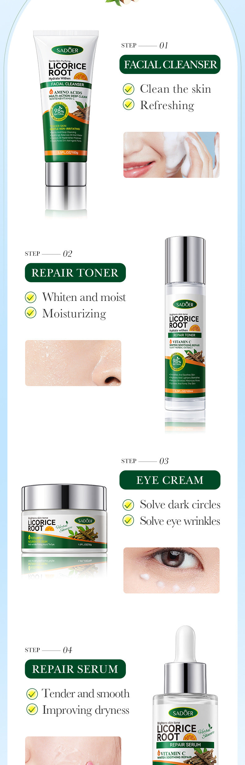 Licorice VC Skin care set SADOER Whitening, hydrating, skin rejuvenation, nourishing six-piece set for cross-border foreign trade wholesale