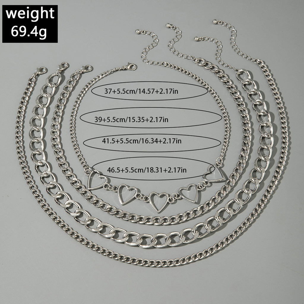 European and American Style Jewelry Hip-Hop Personality Geometric Exaggerated Necklace Heart-shaped Flat Thick Chain Hollow Multi-layer Necklace Wholesale