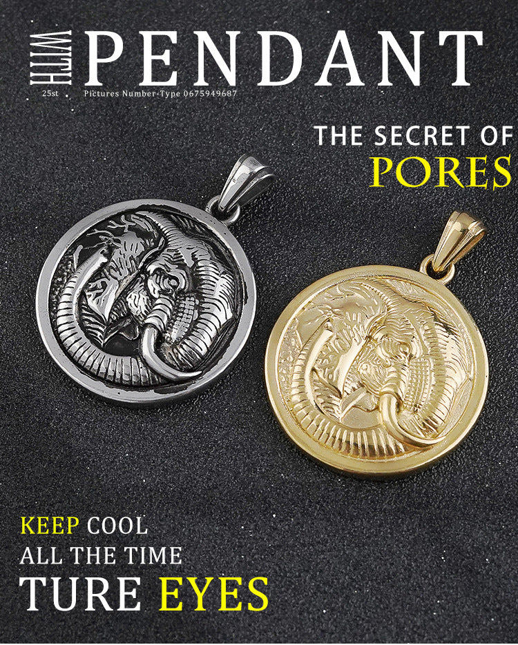 Men's Unique Titanium Steel Pendant Retro Animal Shape Necklace Jewelry Stainless Steel Round Elephant Pendant Wholesale