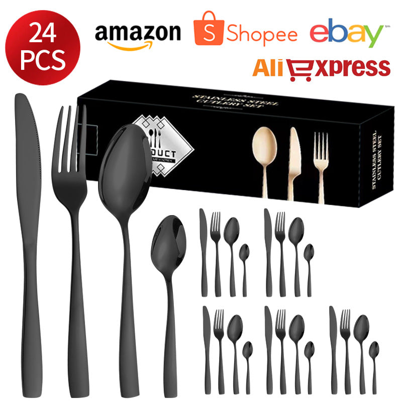 410Stainless Steel Tableware24Set of Hotel Western Dining Square Handle Steak Knife, Fork, Spoon, Tea Spoon