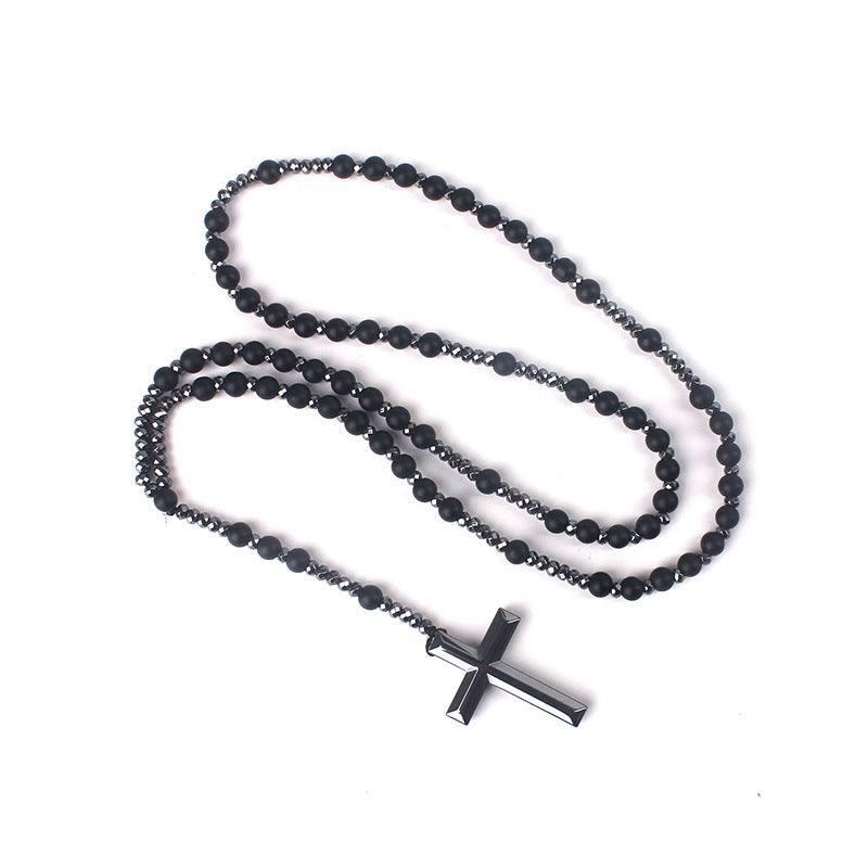 Men's Matte Stone Braided Rope Cross Necklace Natural Stone Beaded Long Necklace Tiger Eye Stone Cross Necklace