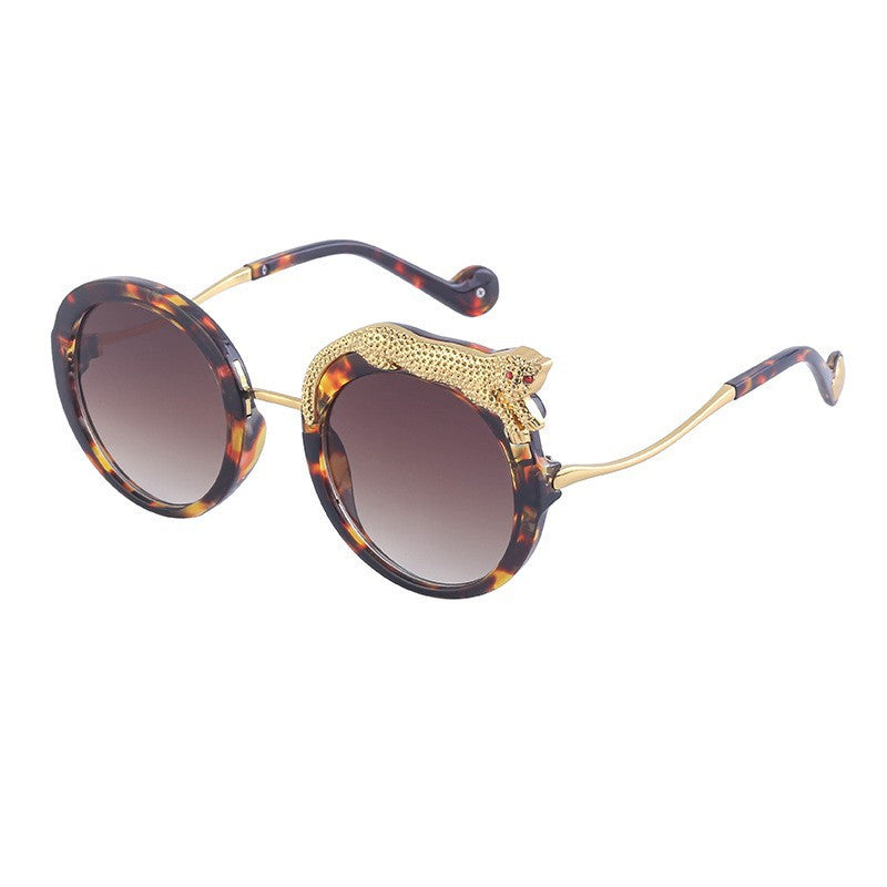 2025New Anti-Blue Light Glasses for Women Leopard Head Diamond-Studded European and American Round Frame Sunglasses Trendy Large Frame Sunglasses High-End Feel