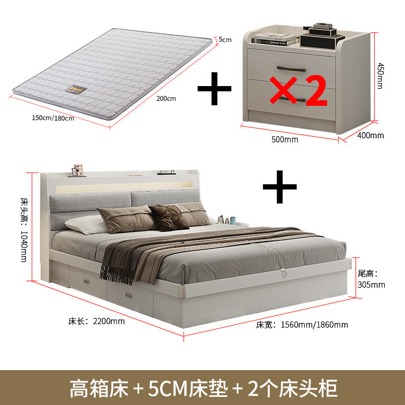Fabric Bed1.5Small Apartment Master Bedroom Soft Pack Technology Fabric Modern Double Bed White Simple Solid Wood Storage Bed