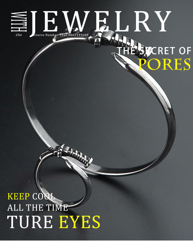 New Trendy Personality Stainless Steel Bracelet Ring Set Steel Color Vintage Titanium Steel Jewelry Ring Factory Wholesale