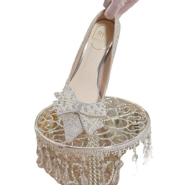 silver Wedding Shoes2025New White Wedding Shoes with Crystal Bow Fairy Style Bridesmaid Stiletto High Heels Trendy