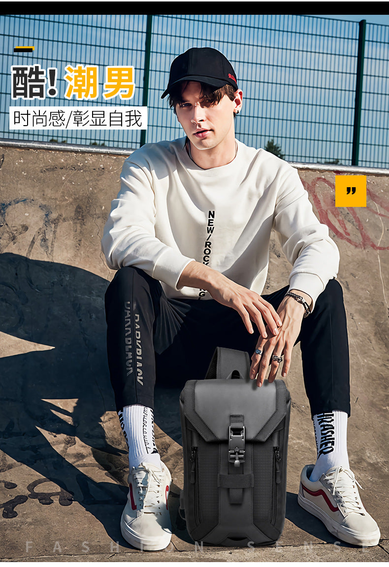 OZUKO Men's Chest Bag Trendy Brand USB Crossbody bag, water-resistant, lightweight, large capacity, single shoulder bag, outdoor chest bag