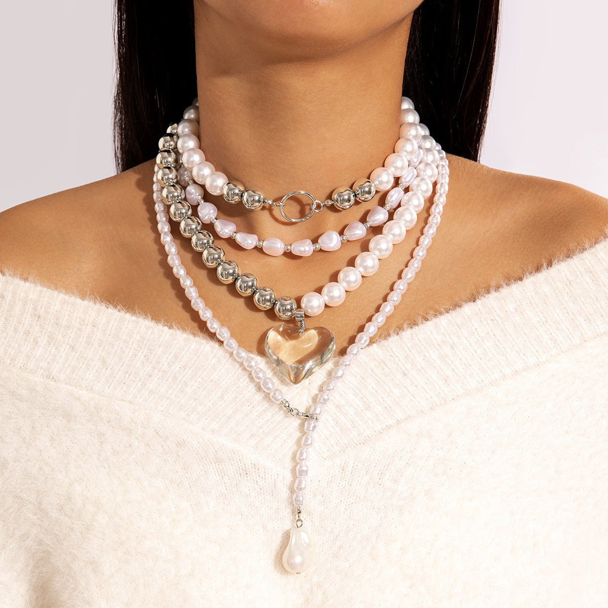 Ornament Layered Wear CCB Peach Heart Necklace Wholesale Baroque Metal Pendant Pearl Necklace