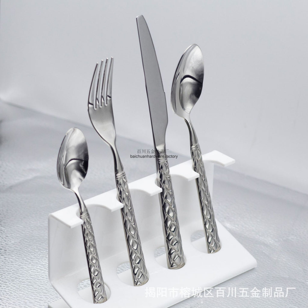 304Stainless Steel Knife Fork Spoon Thickened Forged Relief Tableware Western Steak Knife Fork Dessert Spoon4Piece Suit