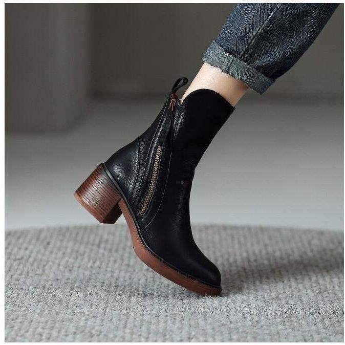 Spring and Autumn Thin Boots Thick Sole Round Toe Double Zipper Martin Boots Women's Thick Heel Platform Sole Versatile Retro Short Boots