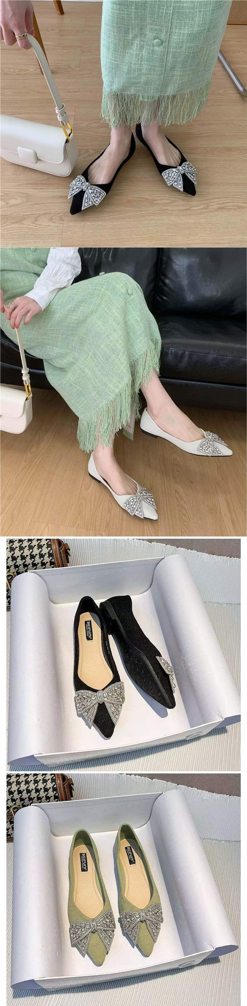 Pointed Toe Women's Single Shoes2025Spring and summer new style rhinestone bowknot soft sole versatile elegant flat loafers