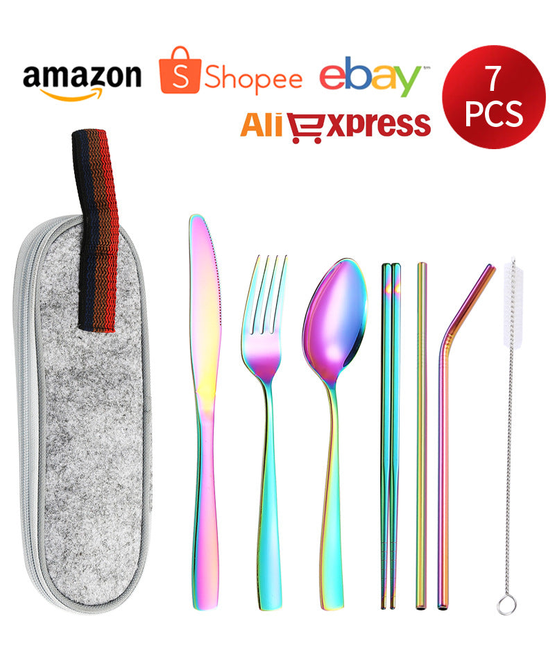 410Stainless Steel Portable Outdoor Camping Tableware Set304Stainless Steel Straw Knife Fork Spoon Chopsticks Seven-Piece Set