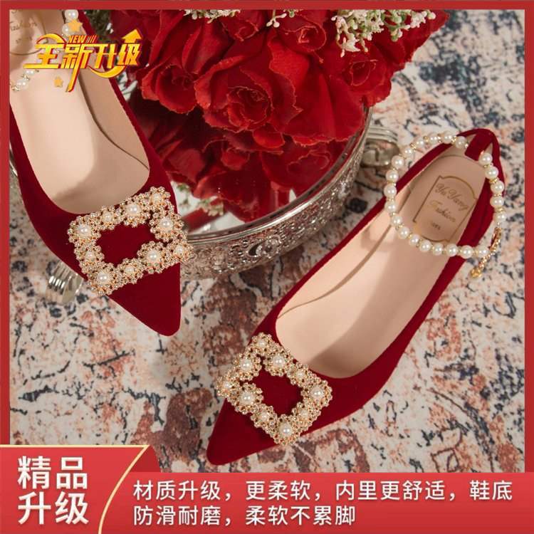 Pointed Elegant Burgundy High Heels2025New Year's New Socialite Bowknot Comfortable Bride Shoes Two-Way Wedding Shoes