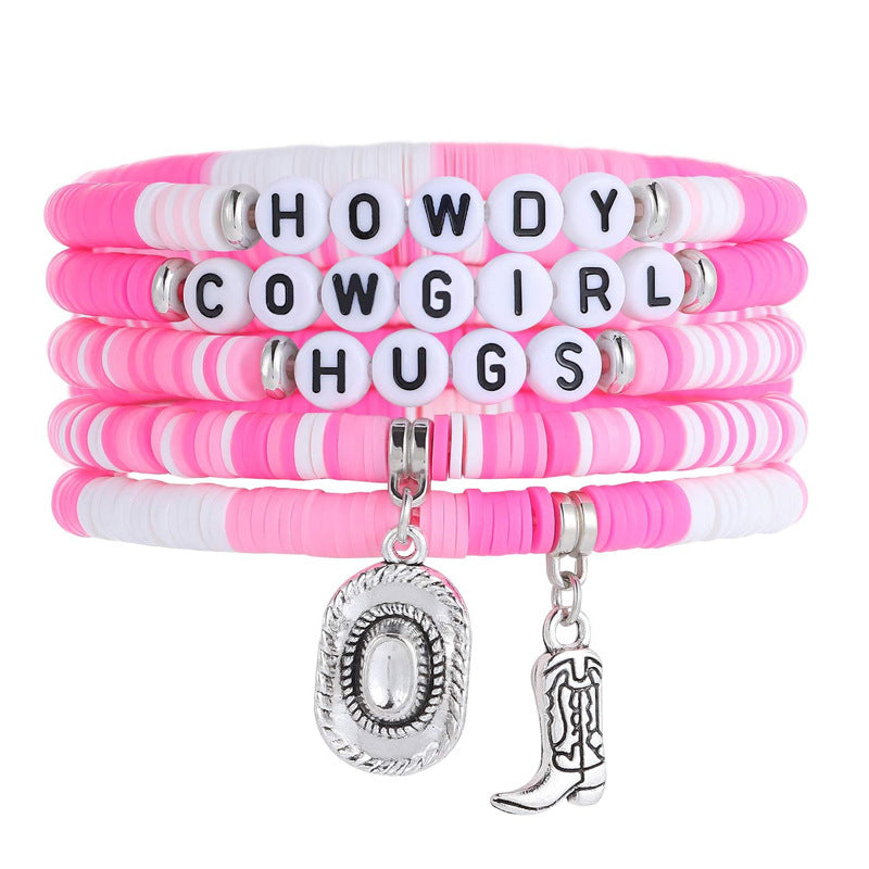 COWBOY Alphabet Soft Clay Bracelet Set Layered Style Cowboy Boots Pendant Bracelet Western Cowboy Hat Bracelet
