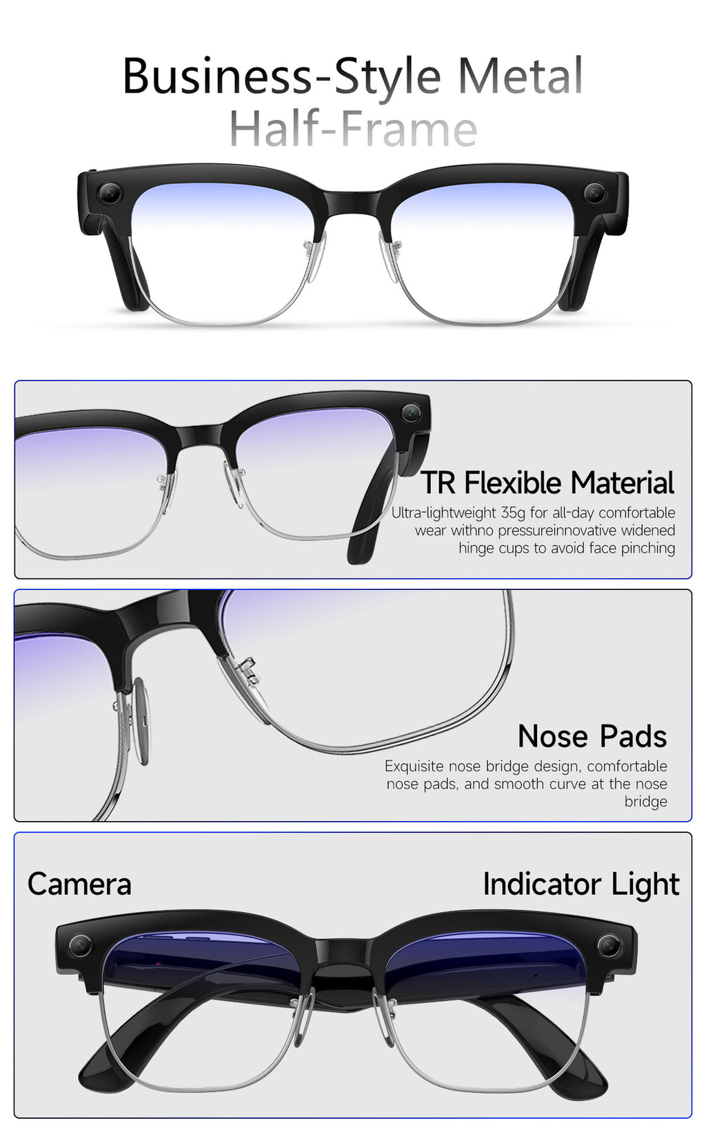 W630Smart Glasses800Megapixel photochromic lens with image stabilization for video recording AI Simultaneous Translation Recognition