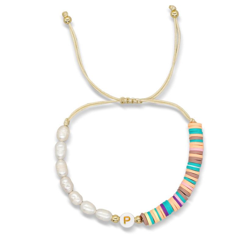 Imitation pearl26Letter Bracelet Bohemian Casual Vacation Bracelet Gold Beads Stretchable Soft Clay Woven Bracelet