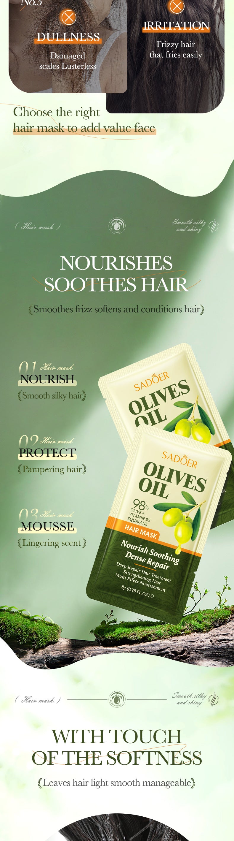 Olive Oil Hair Mask SADOER Repair and Improve Frizz Portable Sheet Hair Mask Cross-Border Wholesale