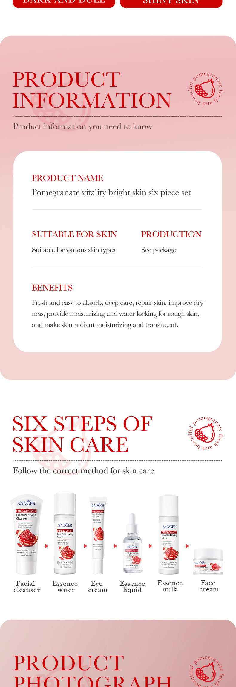 Red Pomegranate Skincare Set SADOER Hydrating Moisturizing Cleansing Six-Piece Set Cross-Border Wholesale