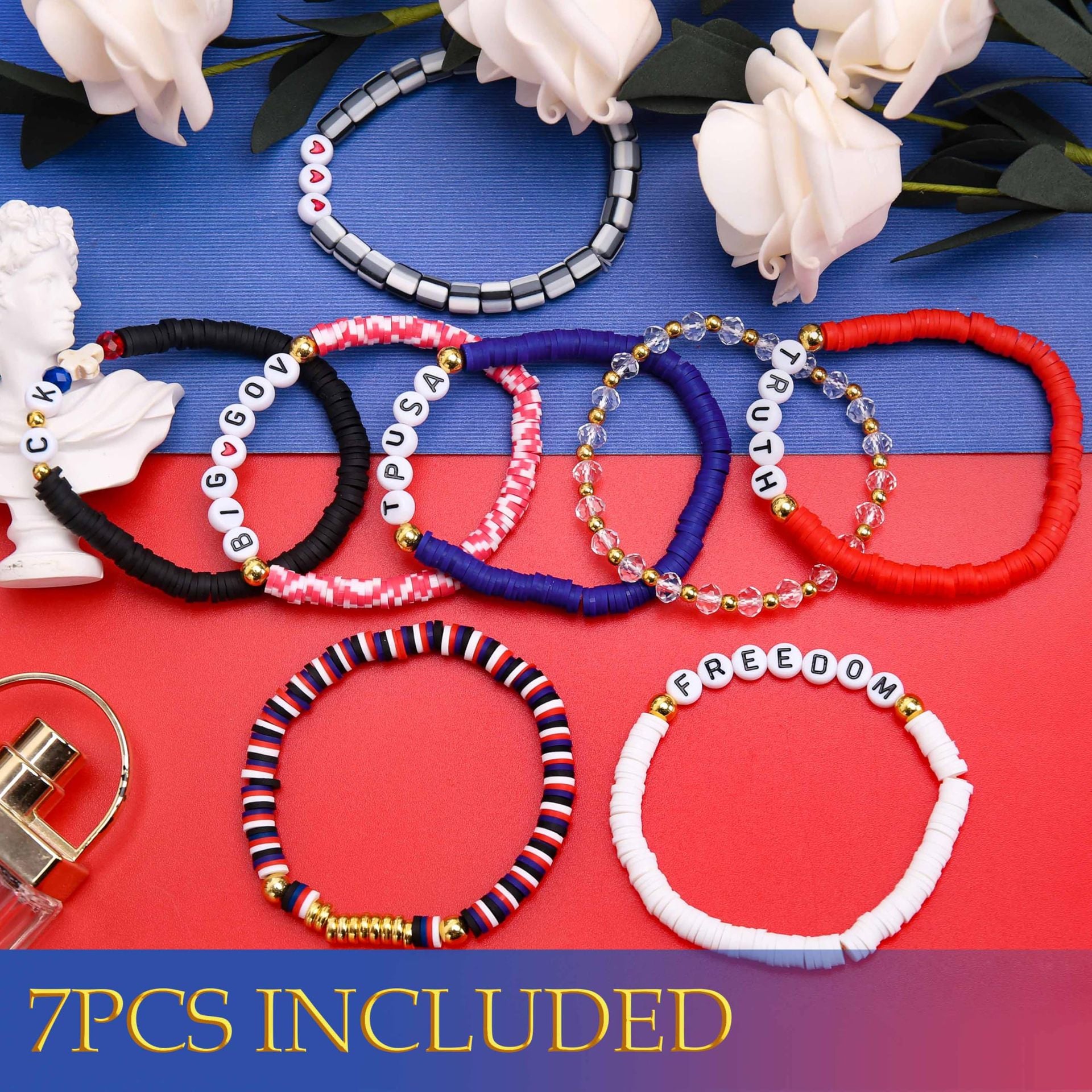 Cross Soft Clay Bracelet gold Spacer Bead Elastic Cord Bracelet Men's Gift FREEDOM Alphabet Soft Clay Bracelet