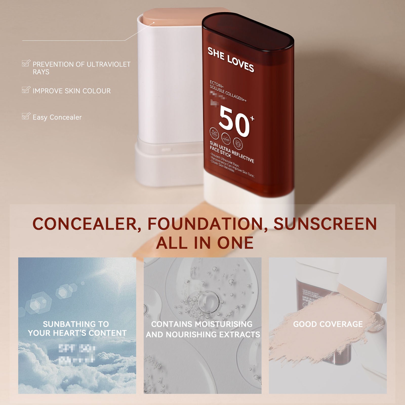 sheloves Anti-UV Foundation Stick Natural Long-lasting Concealer Non-removing Makeup Non-stuck Powder Foundation Cream