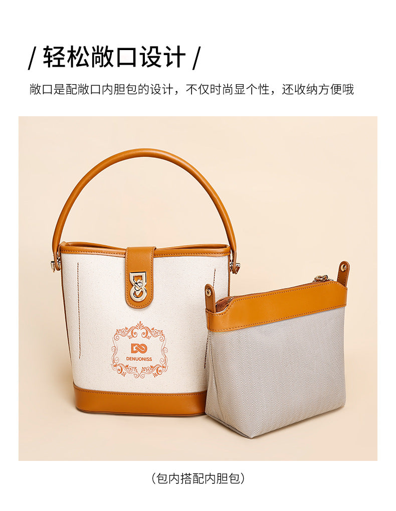 Korean Style Simple Canvas Contrast Color Bucket Bag Women's Stitching Portable and Fashion Women's Bag Versatile Messenger Bag