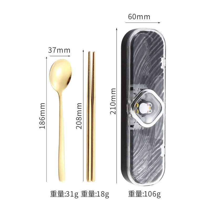 304Stainless Steel Tableware Student Cartoon Portable Tableware Set Work Outdoor Fork Spoon Chopsticks Three-piece Set
