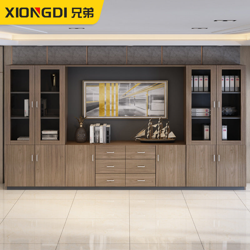 Wooden File Cabinet Office Bookshelf Boss Desk Background Cabinet Drawer-Type Office Document Cabinet Glass Door High Cabinet
