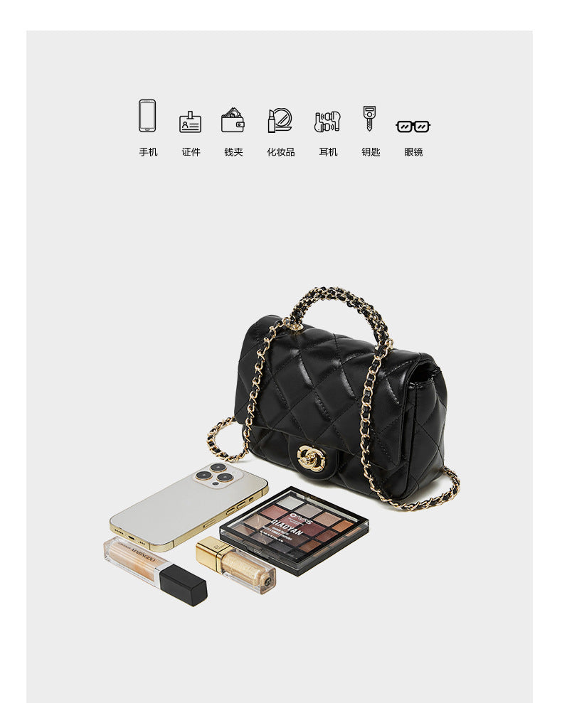 European and American Style Small Chanel-Style Quilted Chain Bag for Women, Simple Fashionable Women's Bag, Versatile Light Luxury Handbag, Shoulder Bag, Crossbody Bag, Genuine Leather