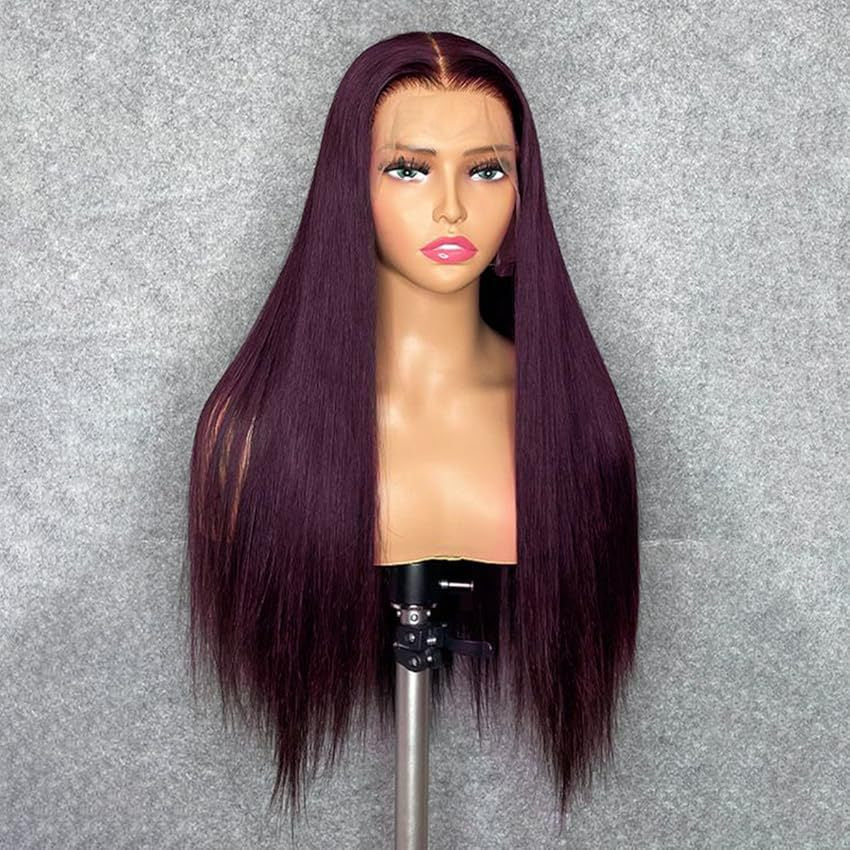 Wig Wine Red European and American Ladies Wig Long Straight Hair with Middle Part and Front Lace Synthetic Fiber13*4*1 T Headband Outer