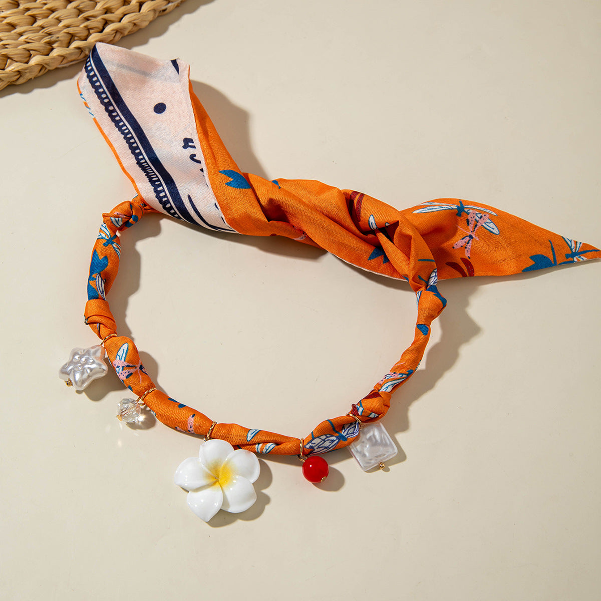 European and American Style Long Silk Scarf Necklace, Light Luxury High-End Feel, Multiple Pendants, Pearl Colorful Silk Scarf Necklace