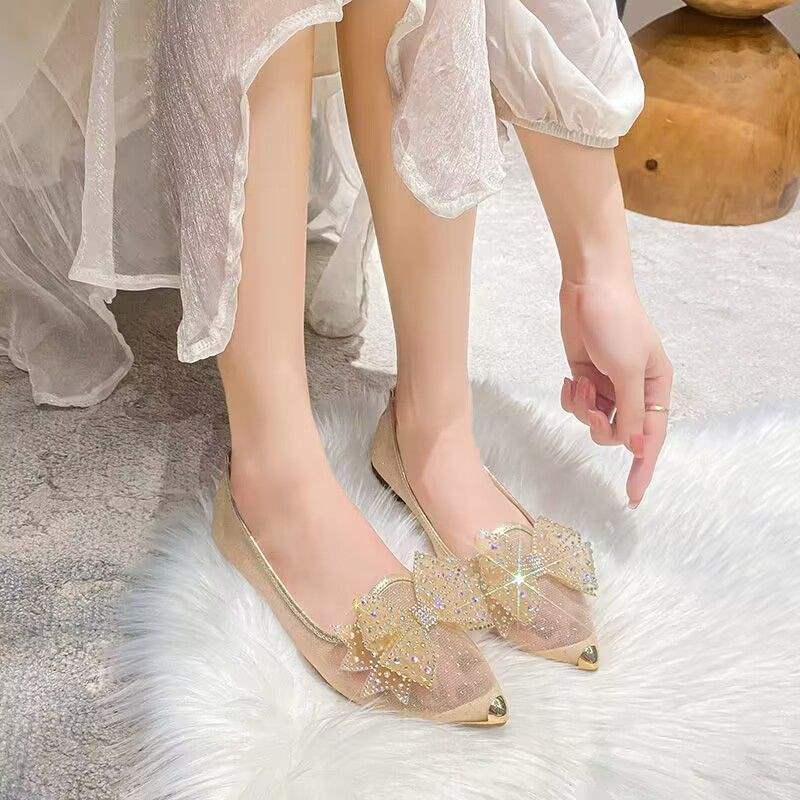 Women's Summer Mesh Single Shoes2025New Rhinestone Bow Gentle Style Lady Shoes Flat Breathable Mesh Shoes Pointed Toe