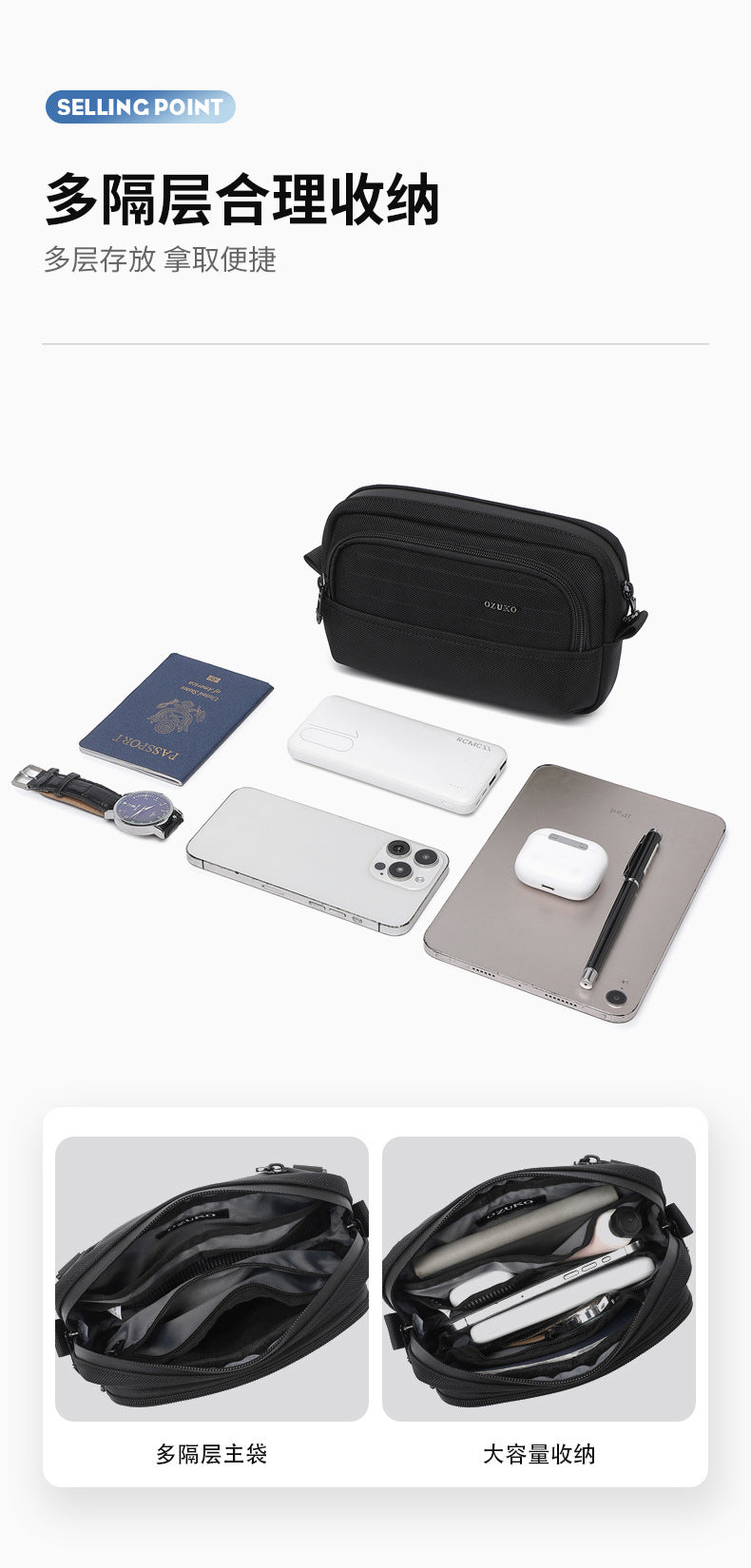 ozuko Men's Clutch Bag Multi-Functional Portable Small Crossbody Bag Travel Commute Lightweight Trendy Brand Storage Men's Bag