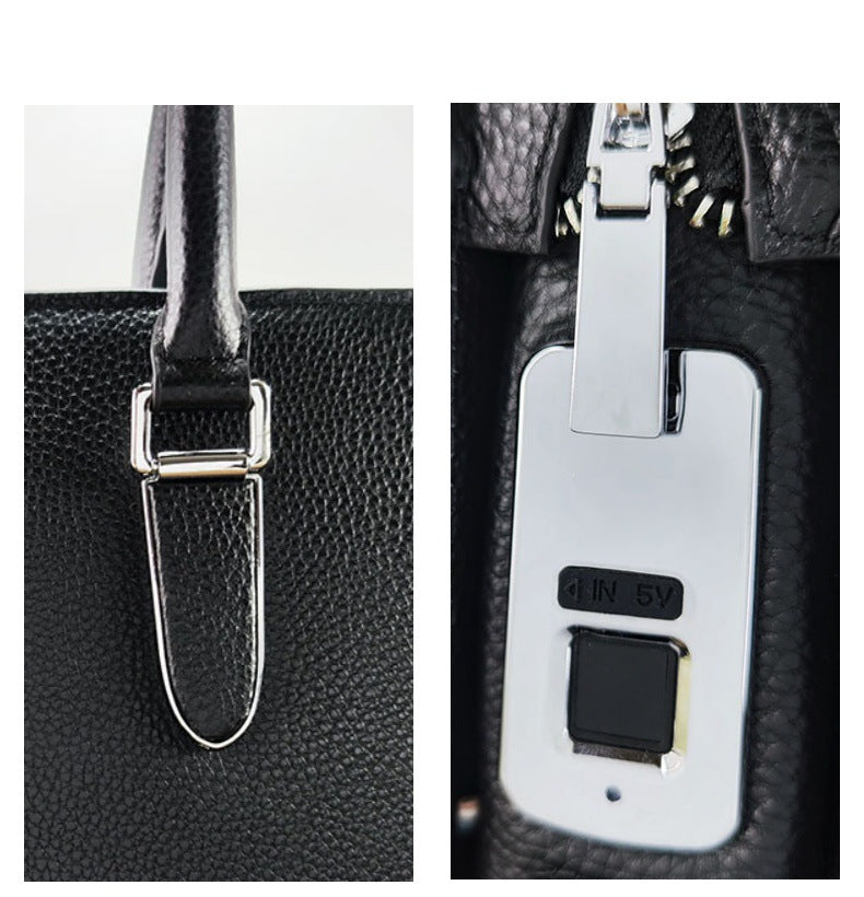 Anti-theft Fingerprint Lock Genuine Leather Briefcase Men's Business Handbag Commuting High-end Shoulder Crossbody Bag Fingerprint Unlock