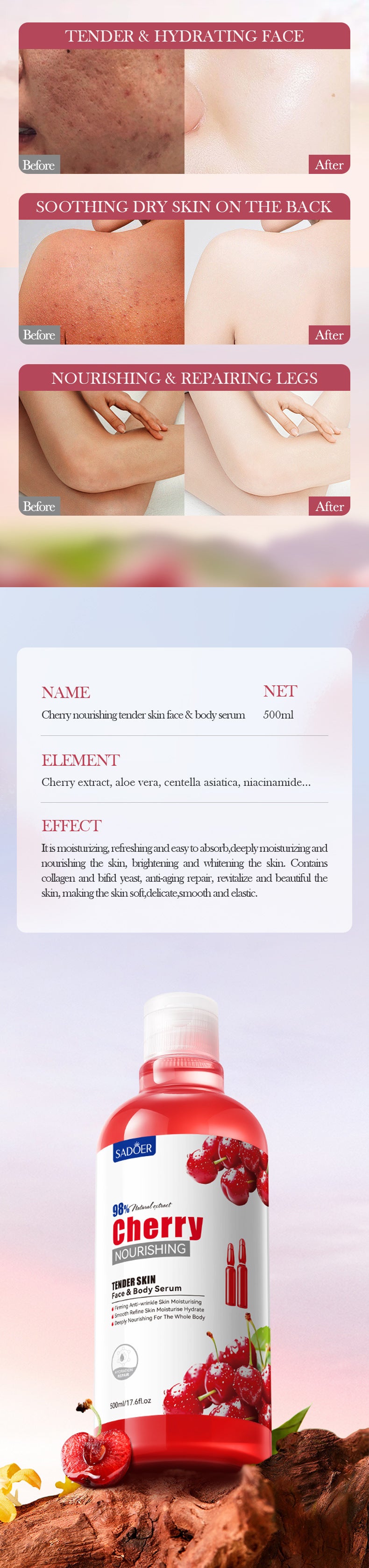 Cherry Moisturizing Essence SADOER Nourishing and Softening Face and Body Lotion Cross-Border Wholesale