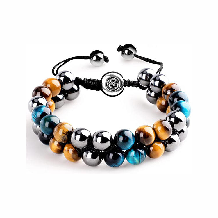 Men's Double Layer Braided Bracelet with Shiny Magnetic Stone Natural Stone Tiger Eye Double Row Braided Bracelet