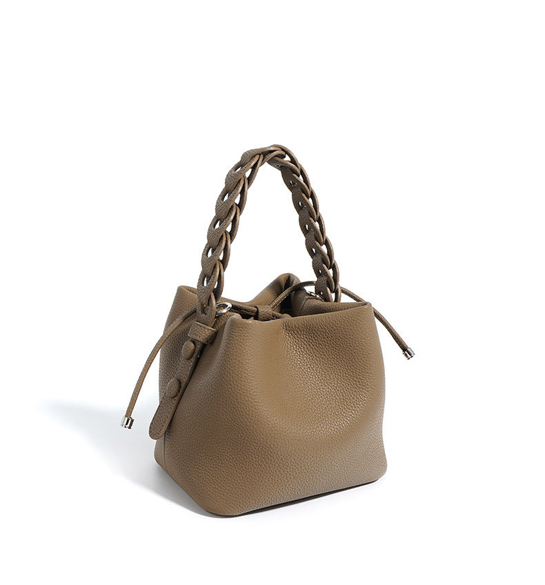 European Style New Top Layer Cowhide Bucket Bag High-Quality Genuine Leather Fashion Women's Handbag Tote Shoulder Crossbody Bag Woven