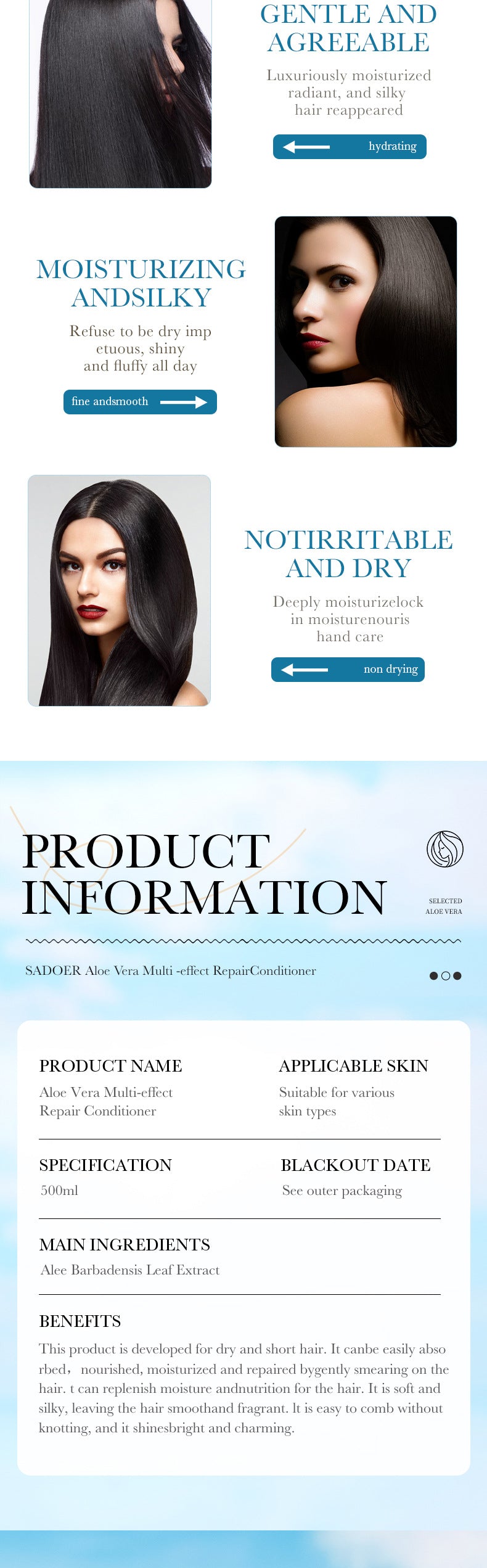 Aloe Vera Conditioner500ml SADOER Multi-effect Frizz Improvement Large Capacity Cross-border Wholesale