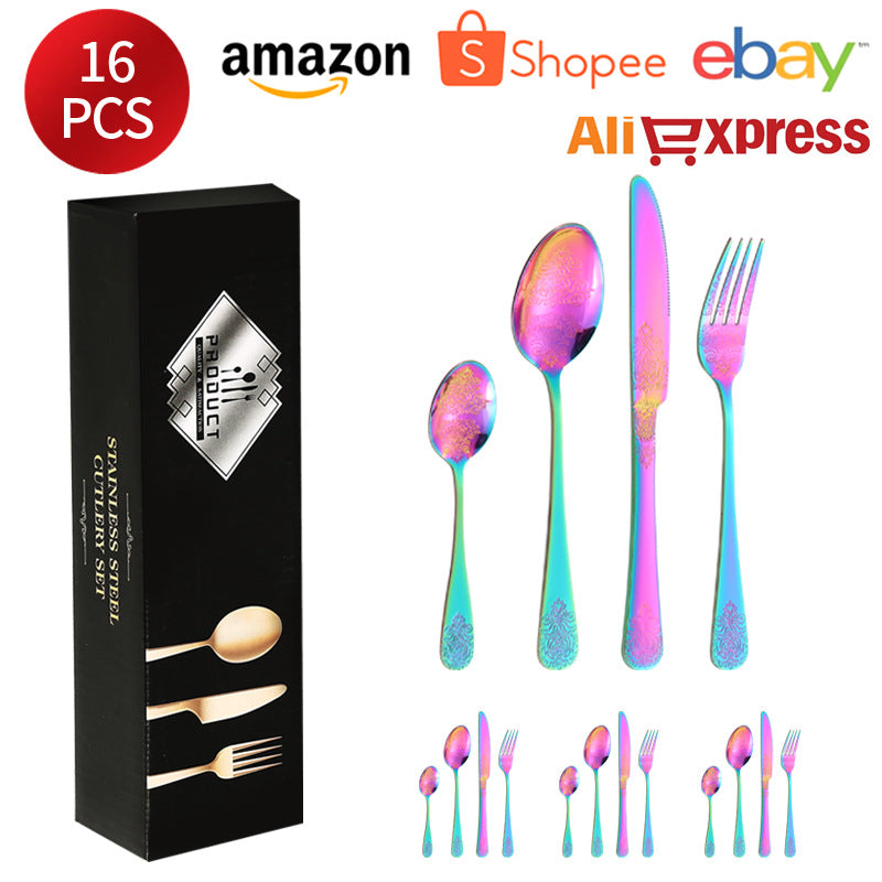 Stainless Steel Cutlery Set1010Double Flower Relief Knife, Fork, and Spoon24Set of Western Steak Knives and Forks