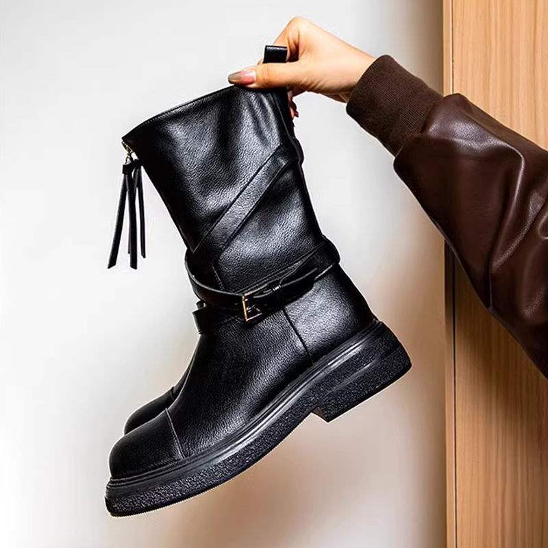 Internet Celebrity Same Style Autumn Medela~Thick-Soled Knight Boots Autumn Winter Retro Style Front Zipper Ghost Emperor Boots Long Boots for Women