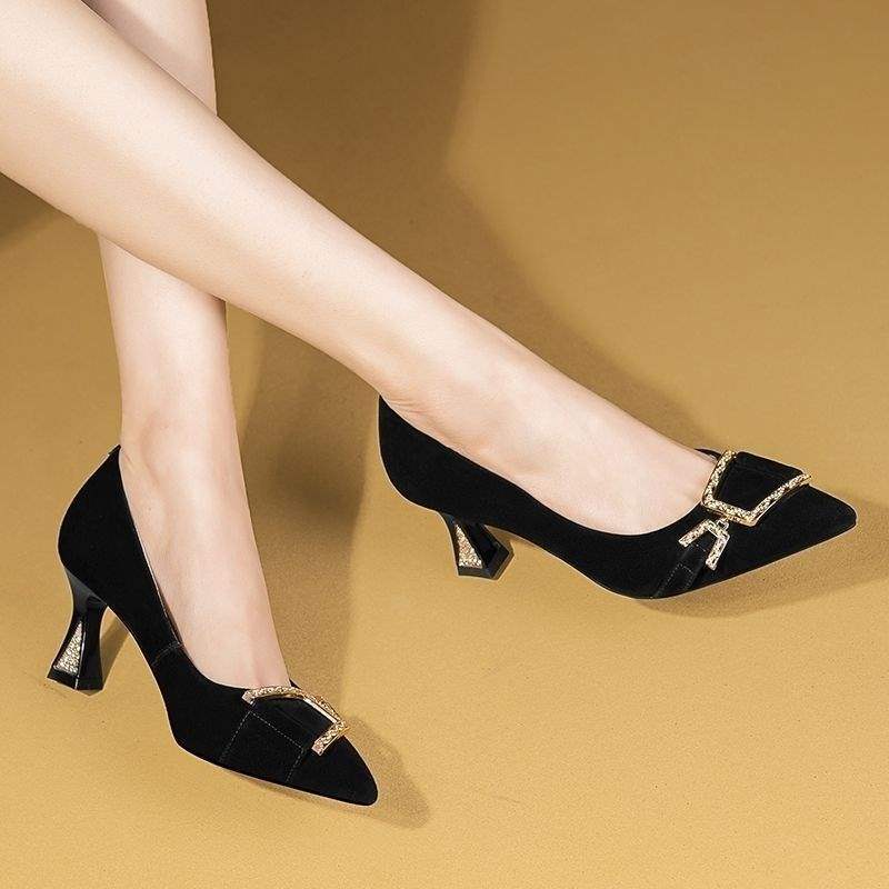 Women's Ultra Shallow Mouth Single Shoes2025New Soft Leather Pointed Toe Small Leather Shoes Suede Casual High Heels Women's Trendy
