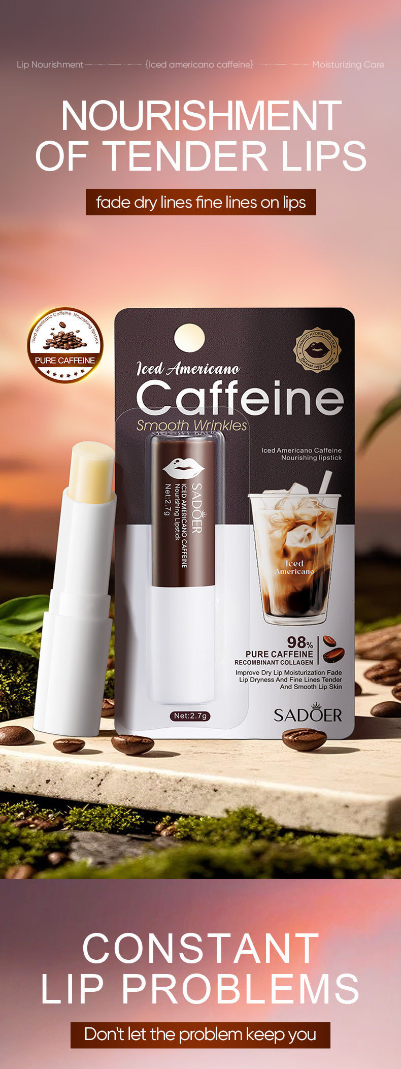 Full English Iced American Caffeine Nourishing Lip Balm SADOER Anti-chapped Moisturizing Lip Balm  Wholesale