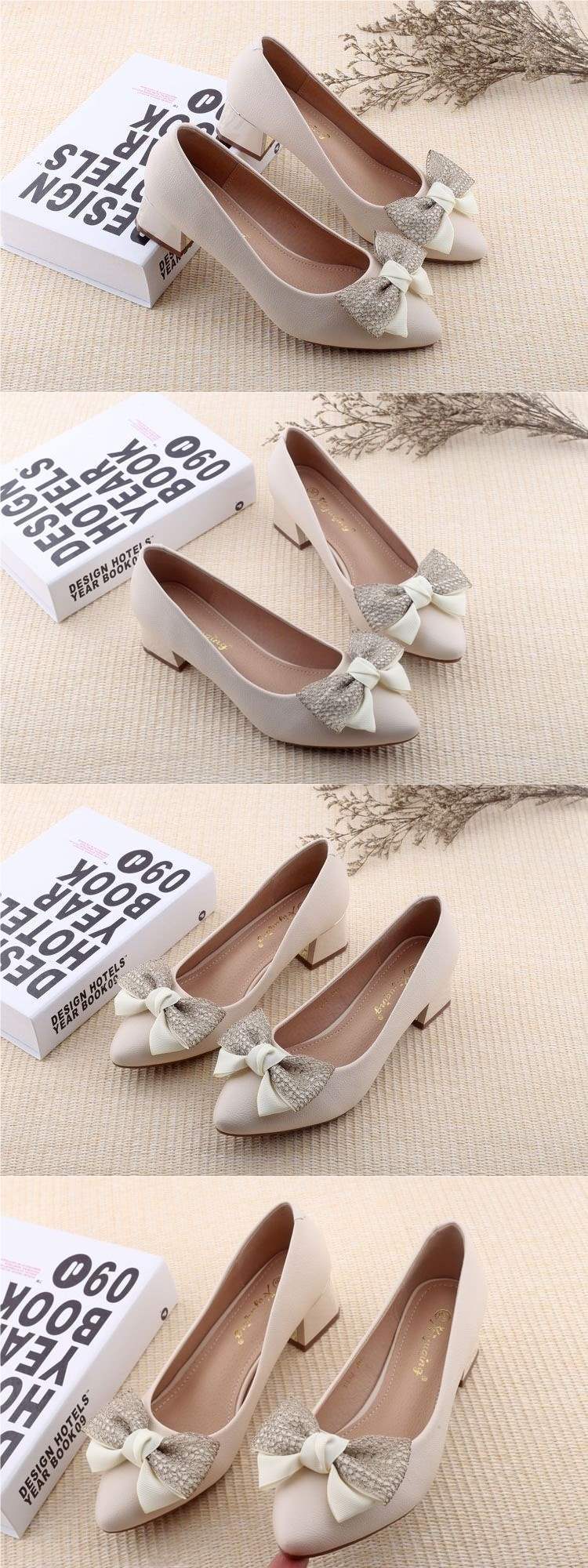 2025Spring Korean Style New Shallow Mouth Chunky Heel Youth French High Heels Fashionable Bowknot Elegant Single Shoes