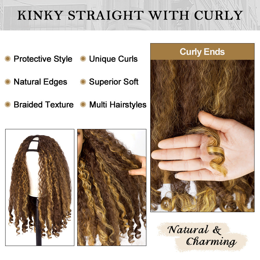 Africa YAKI Curl Synthetic Hair V part Wig Top of Head Hollow Out