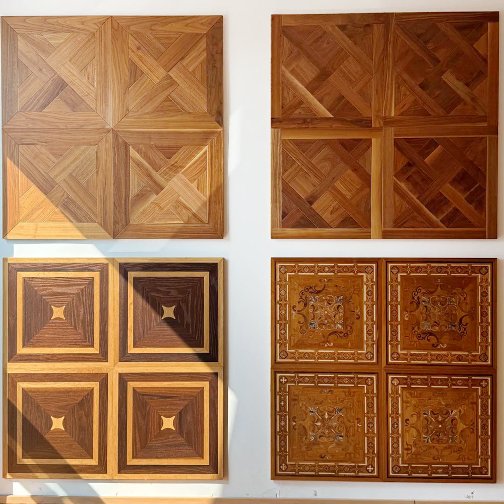 14mm Engineered Teak Square Parquet Flooring | Custom Decorative Wood Panels for Modern Villa Commercial Outdoor Use |