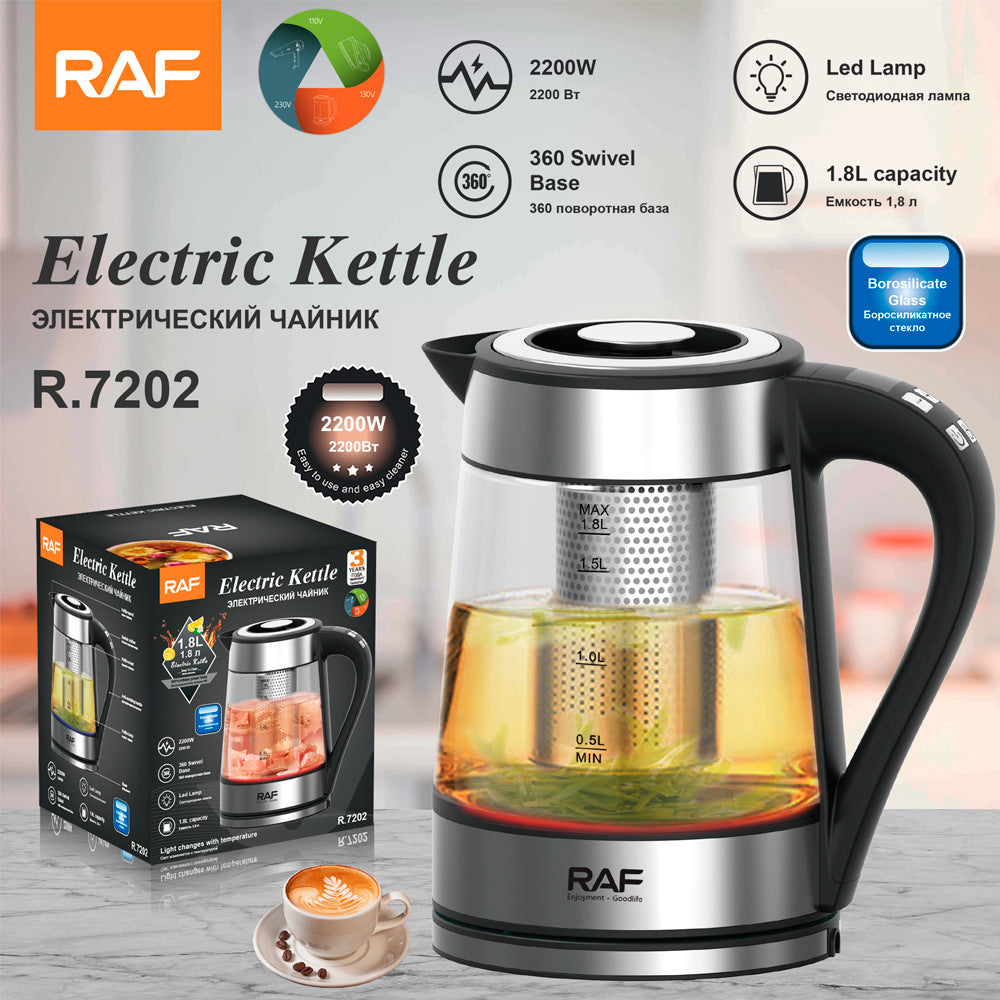 RAF European Standard Electric Kettle Automatic Power Off High Borosilicate Glass Electric Kettle LED Adjustable Temperature with Filter Plug7202
