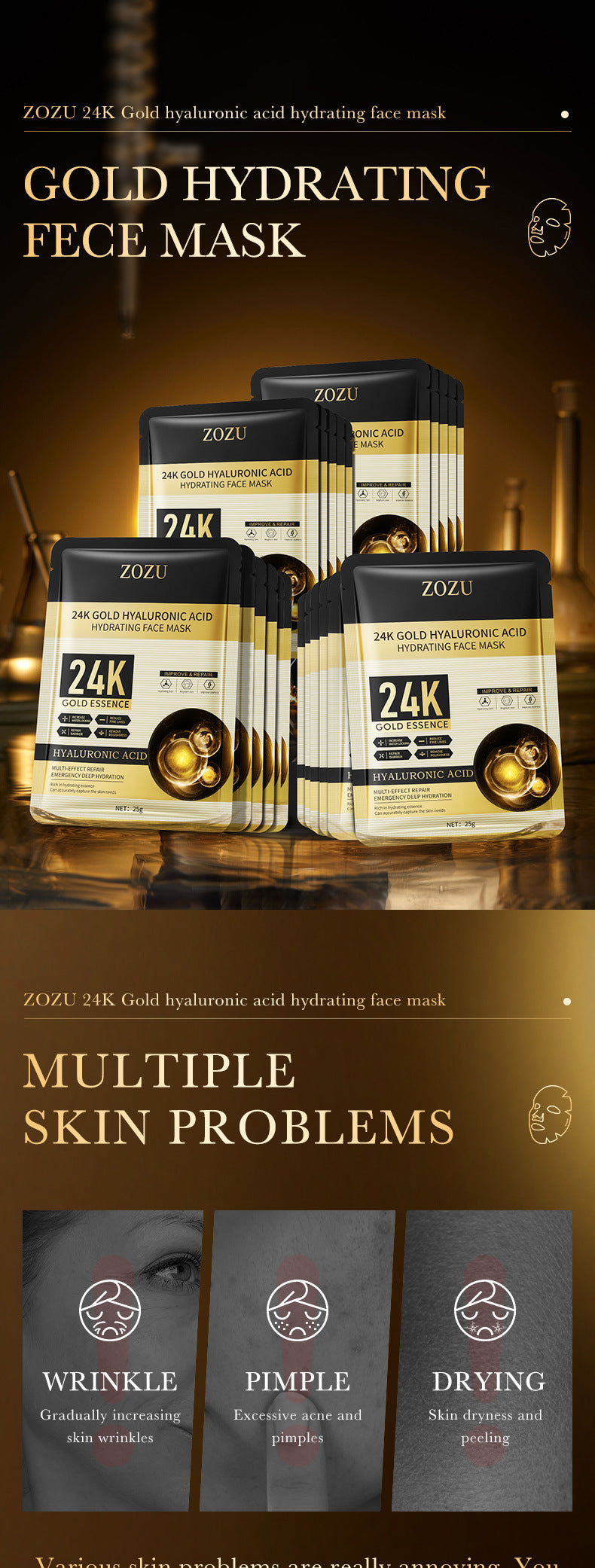 24k Gold Mask25g ZOZU Hyaluronic Acid Hydrating Moisturizing Tablets Cross-Border Wholesale