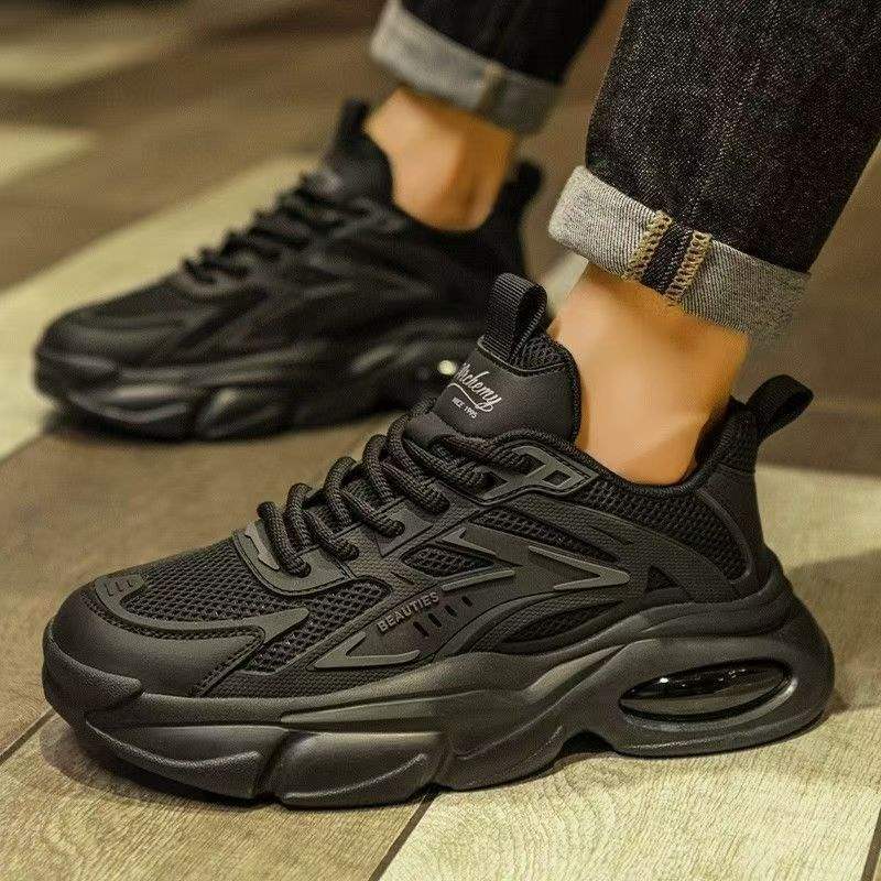 Men's Shoes Summer2025New Pure Black Thick-Soled Black Warrior Air Cushion Casual Sports Shoes Dad ins Trendy Shoes