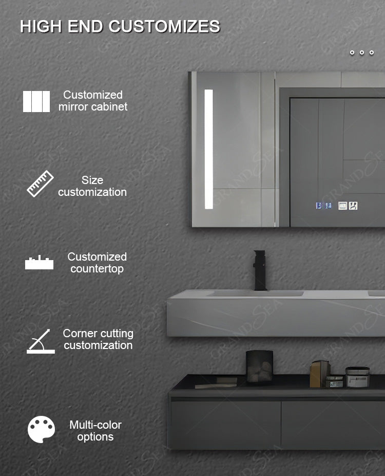 Modern Customizable High Quality Rock Panel LED Mirror Bathroom Sink Cabinet Hotel Corner Triangle Mirror Cabinet Vanity Combo