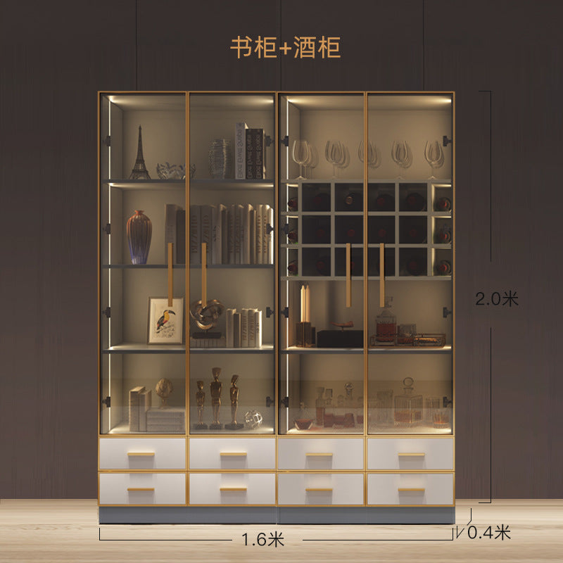 Modern Light Luxury Bookshelf Paint-Free Board Aluminum Alloy Glass Door Combination Bookshelf Wine Cabinet Simple Floor Storage Cabinet Integrated